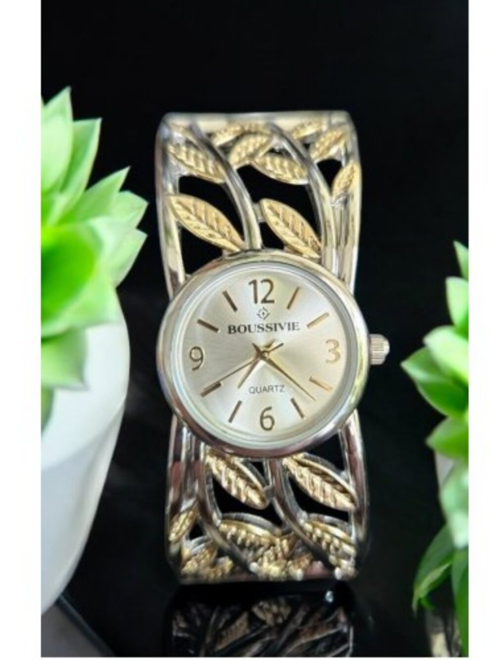 BOUSSIVIE Goldtone Leaf Ladies Hinged Clamper Quartz Cuff Bracelet Watch